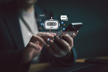 Fototapete - Ai technology, Artificial Intelligence. Woman using technology smart robot AI, artificial intelligence by enter command prompt for something, Futuristic technology transformation. Chat with AI.