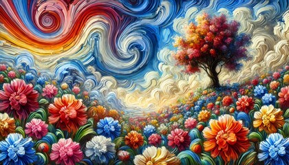 Wall Mural - A vivid and colorful painting of a surreal landscape where a vibrant tree with blossoming flowers stands against a swirling sky