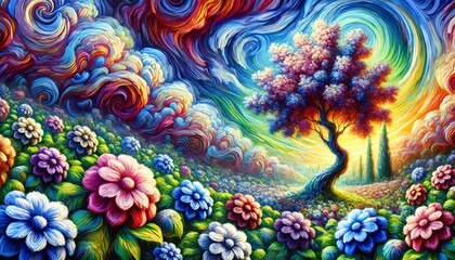 Wall Mural - A vivid and colorful painting of a surreal landscape where a vibrant tree with blossoming flowers stands against a swirling sky