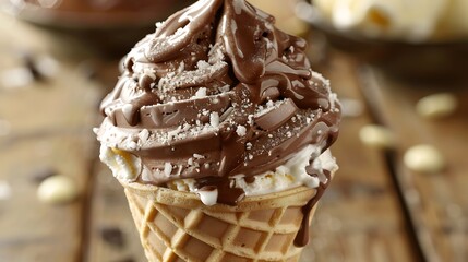 Delicious chocolate and vanilla cone ice cream with tasteful swirls