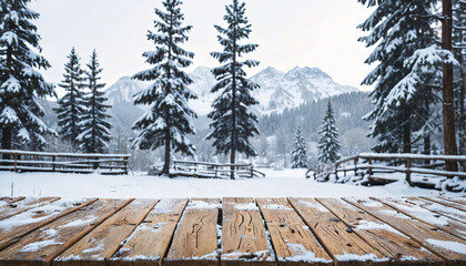 Poster - Table en bois avec vue sur les montagnes enneigées