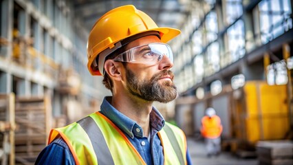 With unwavering attention to safety, this construction worker dons safety glasses, a hard hat, and a reflective vest