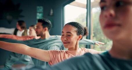 Canvas Print - Yoga class, relax and people stretching arms for fitness, natural exercise and morning balance together. Workout, pilates and group in gym for muscle warm up, body wellness and self care in studio