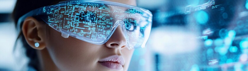 Poster - A focused scientist analyzes complex data with high-tech glasses in a modern laboratory filled with digital displays.