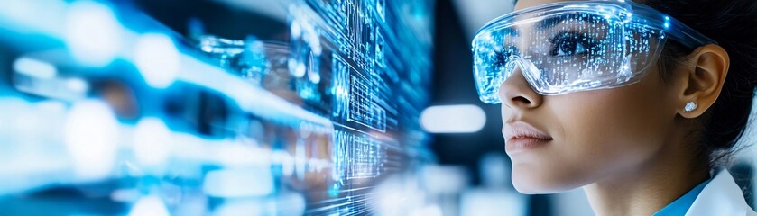 Poster - A focused scientist wearing protective eyewear analyzes digital data in a modern laboratory environment.