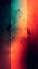 Poster - Abstract grunge background with red, orange, teal, and black vertical stripes and scattered particles.