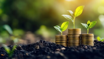 A vibrant image of coins stacked with green sprouts, symbolizing growth and prosperity in finance and sustainable investment.