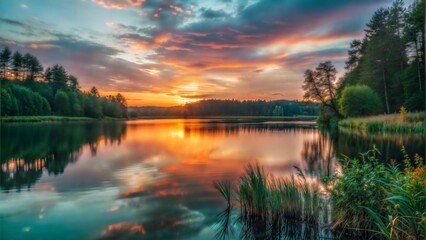 Beautiful sunset on the river with vibrant colors reflecting in the water