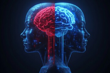 Poster - Linguistic Emotional resonance Dual faced profile with contrasting blue and red glowing brains symbolizing the balance between analytical and emotional thought processes