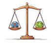 © stockpro - An illustration of a balance scale with a dollar sign on one side and the globe on the other, symbolizing capitalism, with ample copy space around, flat design, soft colors,