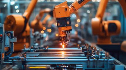 Aufkleber - An industrial robotic arm works on an assembly line in a modern factory, demonstrating precision and automation in advanced manufacturing processes.