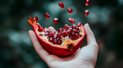 hand holding a pomegranate half, with seeds falling out