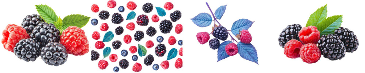 Canvas Print - A mix of wild berries, including raspberries, blueberries, and blackberries, is isolated on a white background, with a full depth of field.