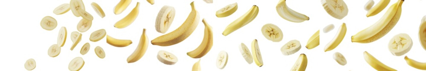 Poster - Peeled banana slice falls on white background, selective focus, isolated