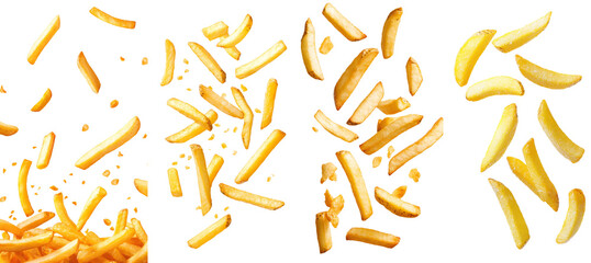 Poster - Falling fries isolated on white, depth of field full