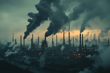 Industrial factory with multiple smokestacks emitting heavy pollution