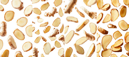 Poster - Slice of falling ginger isolated on white background, full depth of field