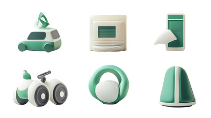 Poster - a minimalistic sculptural icon set, abstract, in a white space, 6 icons: the first symbolizing future green mobility and transportation, the second symbolizing Software   Technology, the third symboli