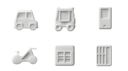 Poster - a minimalistic sculptural icon set, abstract, in a white space, 6 icons: the first symbolizing future green mobility and transportation, the second symbolizing Software   Technology, the third symboli