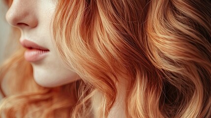 Strawberry Blonde Hair in Loose Curls: Showcases the beauty of strawberry blonde hair styled in loose curls, set against a soft, complementary background.