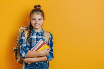 smiling school child ready to study with copybooks, knowledge. Banner of schoolgirl student. School child pupil portrait with copy space.