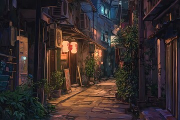 A quaint urban alleyway with soft evening light and subtle graffiti. Cozy vibe, Generative AI