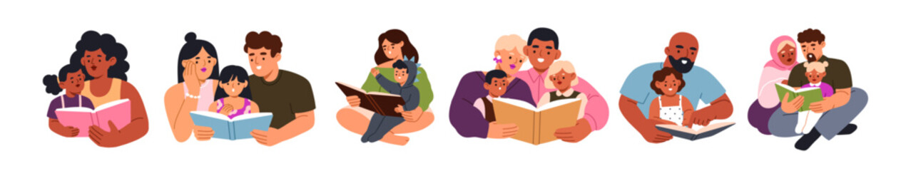 Poster - Family reading together set. Parents, little children with story books. Mothers, fathers and kids learning together. Childs education by mom, dad. Flat vector illustration isolated on white background