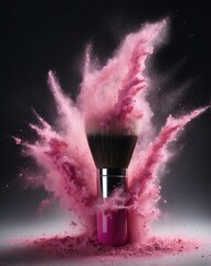 Poster - An elegant makeup brush stands encircled by an explosion of pink powder, representing the dynamic beauty of cosmetics and delivering a visual treat.