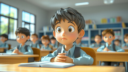 Aufkleber - A young student sits attentively in a bright classroom, his wide eyes reflecting curiosity and wonder as he learns with his classmates.