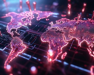 Poster - Digital world map with glowing circuits and network connections, representing global technology and communication.