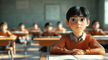 Aufkleber - A worried student sits in a classroom, his anxious expression contrasting with the focused peers around him, highlighting the stress of academic life.