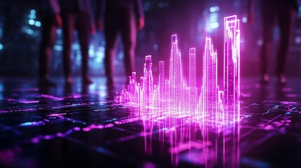 Poster - Futuristic visualization of data analytics, featuring glowing pink graphs in a high-tech environment.