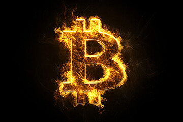 fiery bitcoin symbol engulfed in flames against a dark background representing the volatility and intensity of cryptocurrency markets