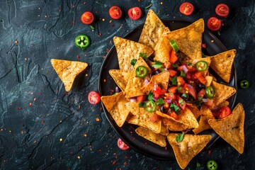 nachos with melted cheese, fresh tomatoes, jalapenos, and onions on dark background