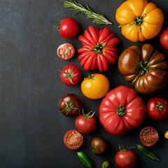 Tomatoes of different varieties on a dark gray background