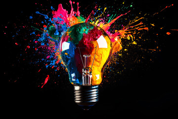 a light bulb explodes with vibrant colored paint splatters on a black background, symbolizing creati