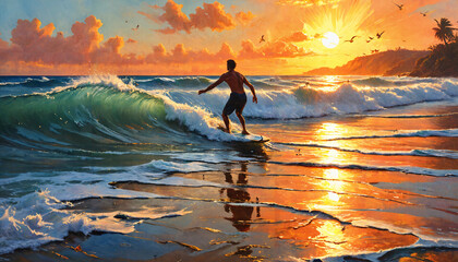 Wall Mural - Surfeur au coucher du soleil sur une plage tropicale