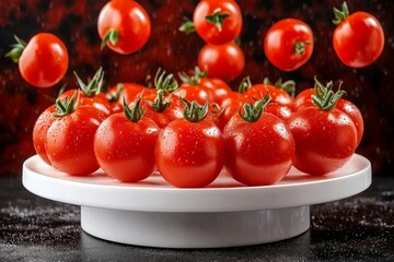 Wall Mural - Ripe, Red Tomatoes Gracefully Arranged on a White Plate, Capturing Freshness and Culinary Delight.