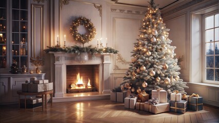 Poster - interior christmas magic glowing tree fireplace