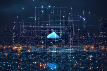 Poster - A glowing cloud computing symbol hovers over a futuristic cityscape, representing the interconnectedness of technology and urban life.
