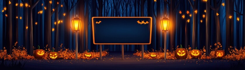 a spooky pumpkin patch scene at night, featuring glowing lanterns and a blank sign surrounded by eer