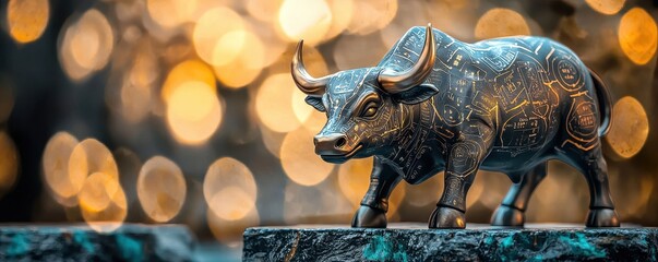 A detailed bronze bull statue with intricate designs, set against a blurred bokeh background, symbolizing strength and resilience.