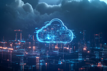 Poster - A glowing cloud computing symbol hovers over a futuristic cityscape, representing the interconnectedness of technology and urban life.