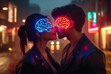 Sticker - Expressive Social brain Neon lit couple with glowing brains representing the vibrant electrifying connection and intense emotional exchange in a modern urban night setting