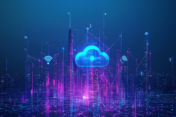 Poster - A glowing cloud computing symbol hovers over a futuristic cityscape, representing the interconnectedness of technology and urban life.