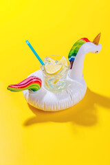 Poster - A vibrant summer vacation scene with floating flamingo and cocktail