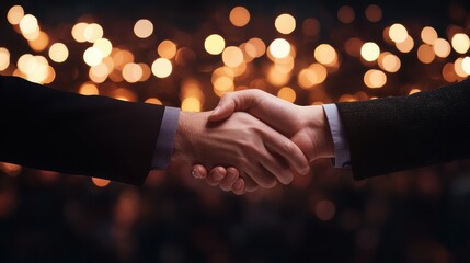 A close up shot of two professionals shaking hands, with a backdrop of a bustling networking event.