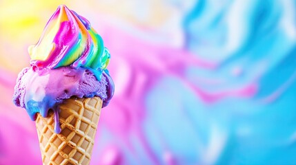 Vibrant Melting Ice Cream Cone with Swirling Colors, Symbolizing Indulgence and Sweetness in Classic Frozen Dessert Treats