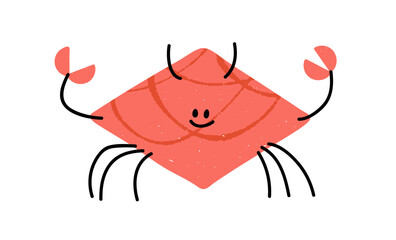 Poster - Cute crab character with happy smile, kids doodle style. Funny marine animal with claws, comic humor drawing, geometric shape. Childish flat graphic vector illustration isolated on white background.