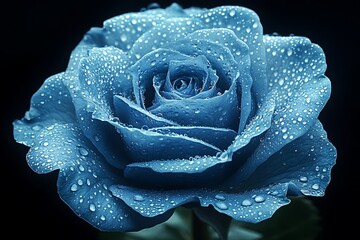 A close-up of a blue rose with water droplets, showcasing beauty and nature.